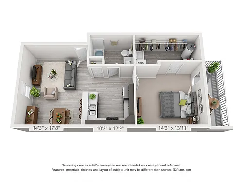Floor plan 1 Bedroom Second Level - 760sf