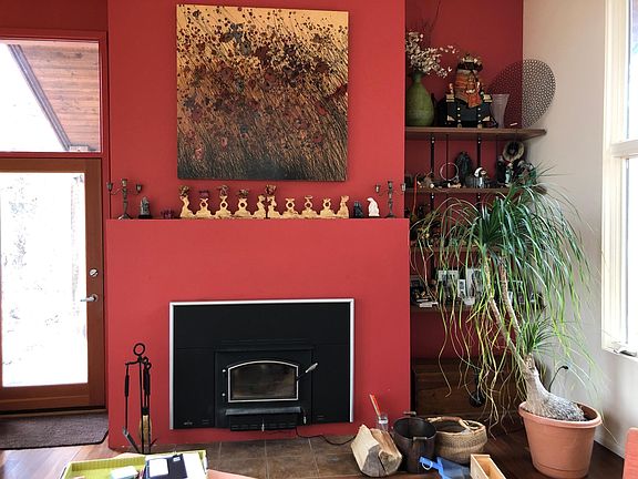 Fireplace with wood stove insert.