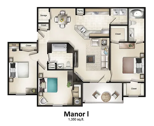 Floor plan 3 Bedroom 2 Bath with Balcony or Patio Manor House