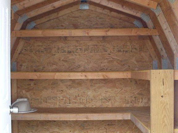 Interior of shed w/built-in shelves