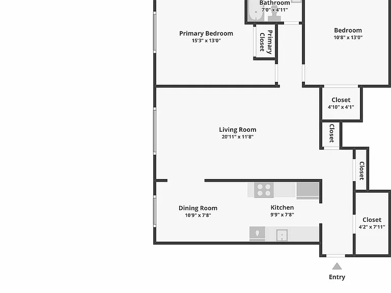 Modern apartment floor plan showcasing 2 bedrooms, a spacious living room, and a sleek kitchen in Denver, CO.
