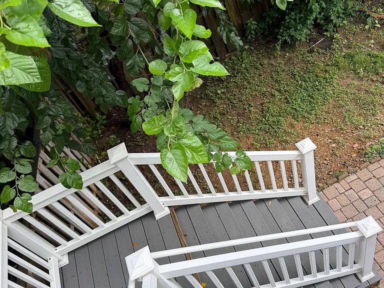 View from the top of the steps down to the brick patio