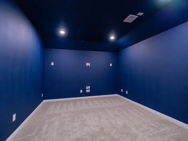 Media room featuring carpet and recessed lighting