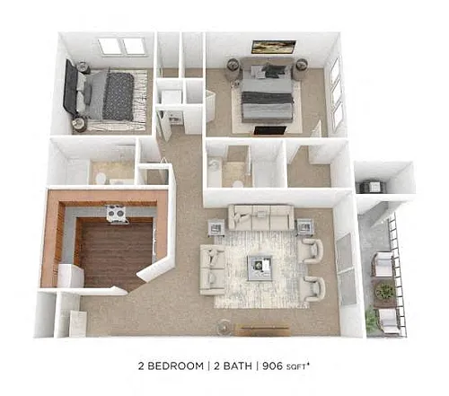 Floor plan Two Bedroom 2 Bath - 906 sqft