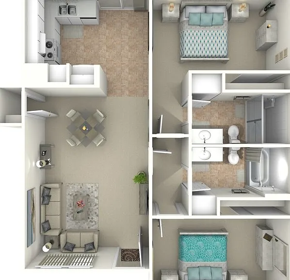 2 Bed 2 Bath Down Floorplan Diagram