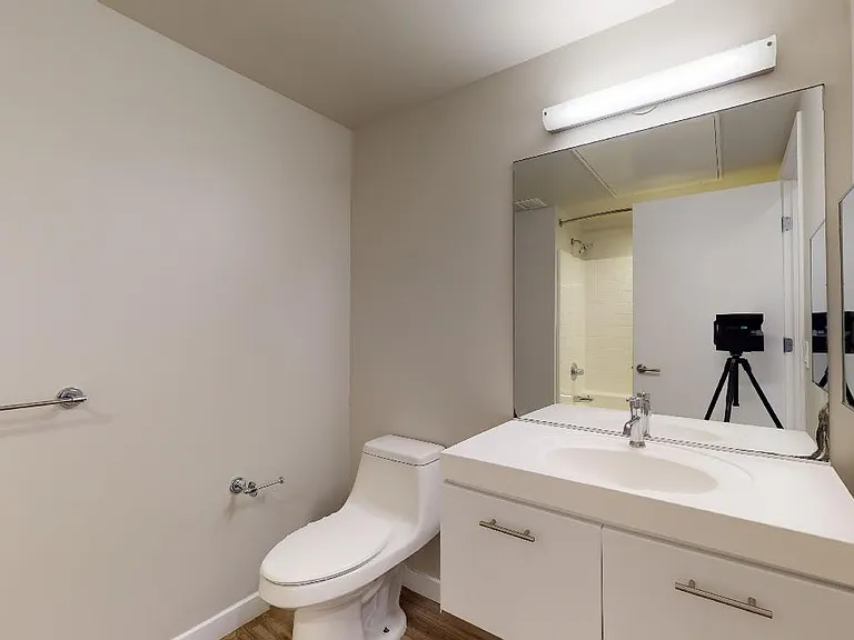 Apartment bathroom with wood-style flooring.