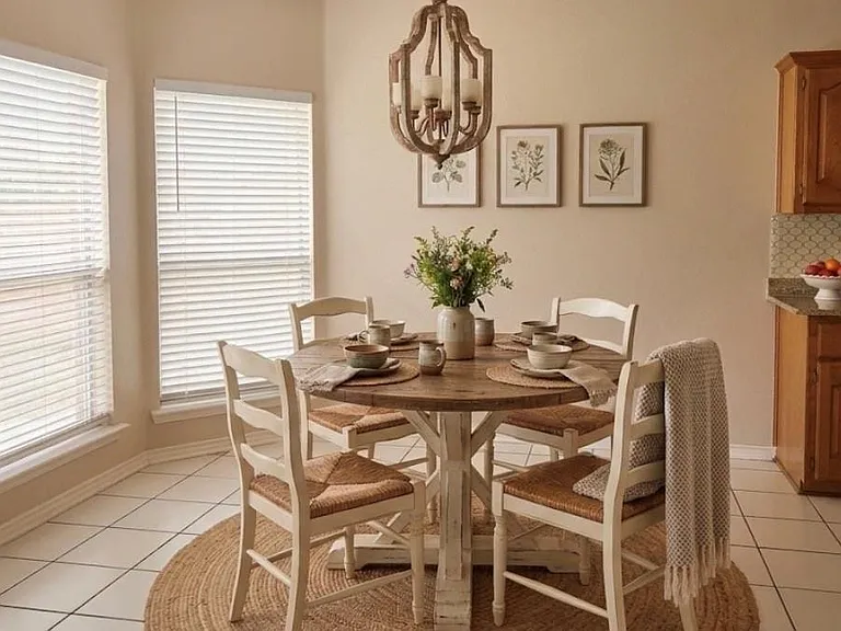 Virtual staging: Dining area featuring tile flooring, a bay window with blinds, and a built-in kitchen counter with wood cabinetry and a tiled backsplash