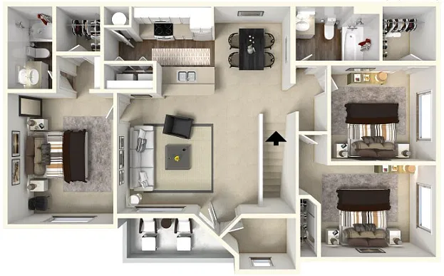 Floor plan Three Bedroom, 2 Bath 1179 SqF