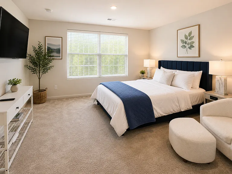 Relax in the spacious primary suite featuring a plush king bed, 55-inch 4K Smart TV, luxurious accent chair with ottoman, walk-in closet, and a private en-suite bathroom_designed for comfort and a restful stay.