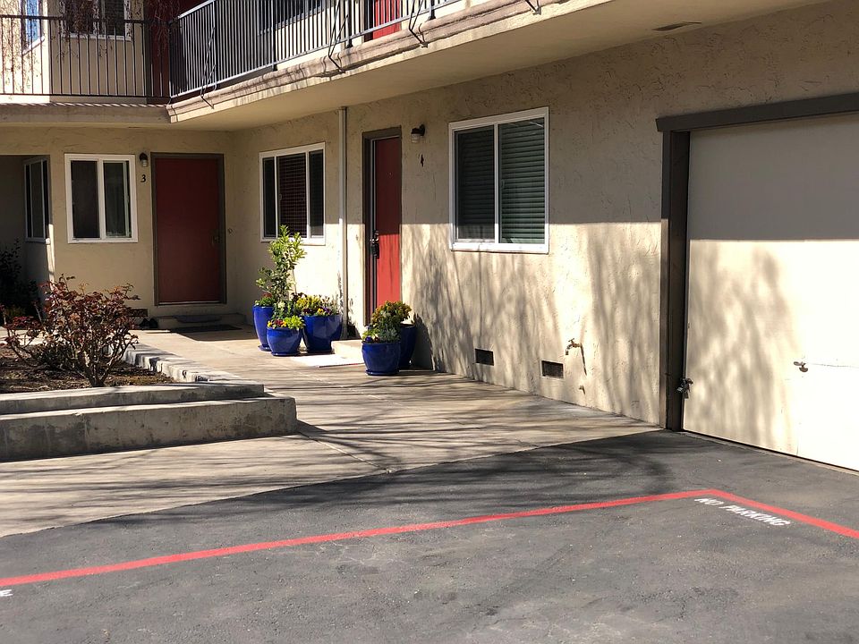 Birch trees, a rose garden, and potted plants greet you at this apartment.