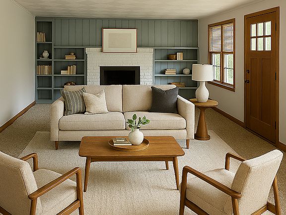 Living room. Staged to help illustrate potential use and scale of space.