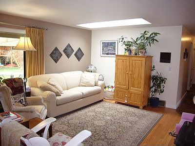 living room with skylight