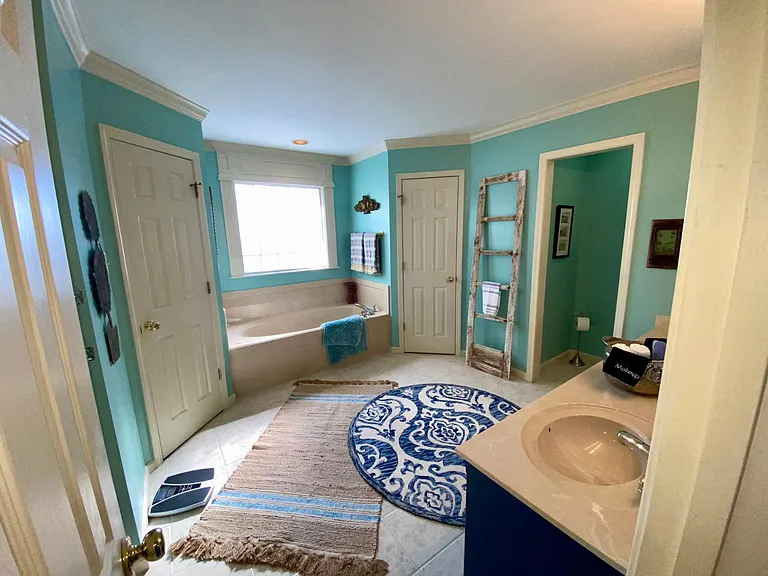 Separate water closet, two big closets, two sinks, a walk-in shower and a jetted tub.