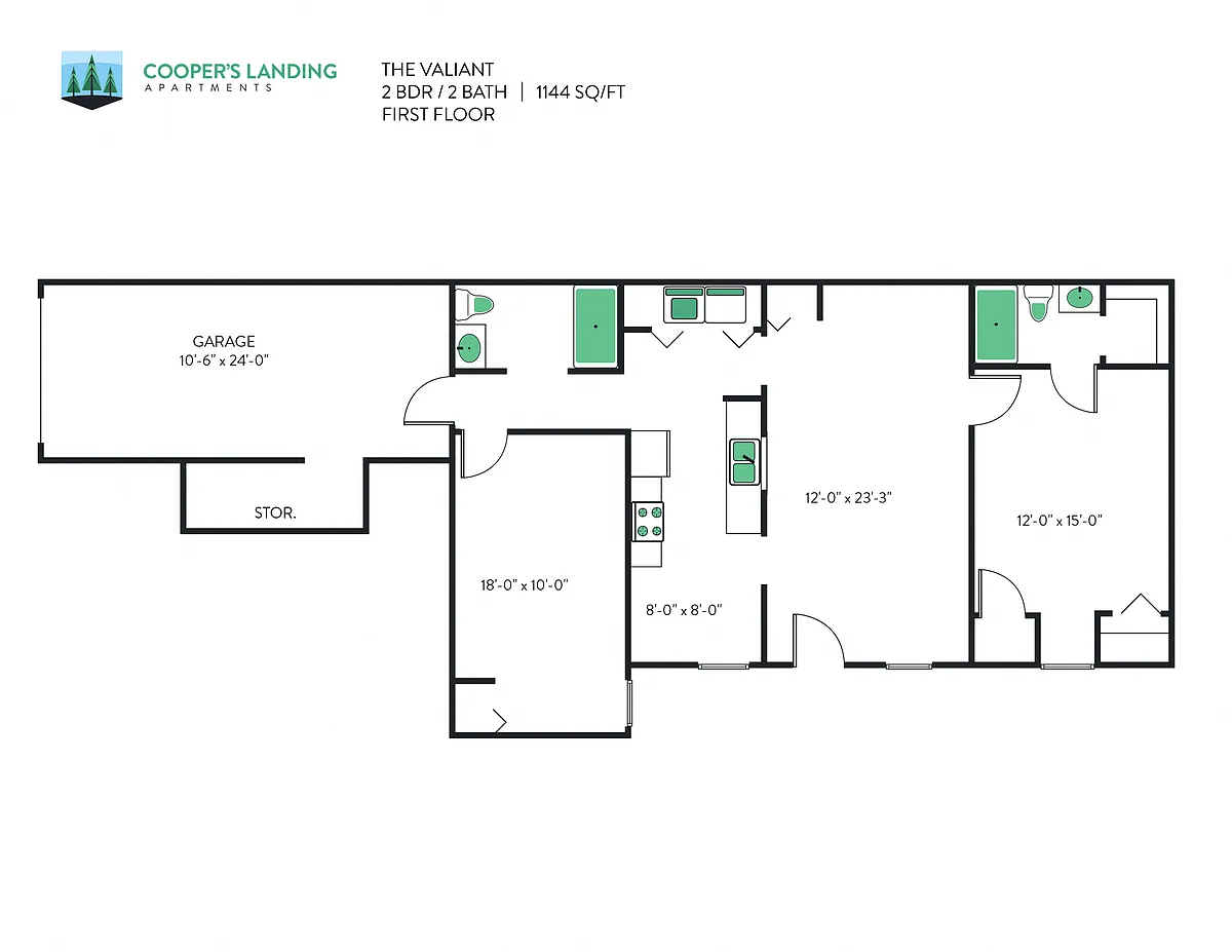 Floor plan 2 Bed, 2 Bath - 1144 sq ft