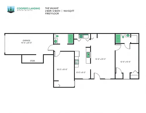 Floor plan 2 Bed, 2 Bath - 1144 sq ft