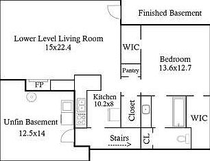Basement floorplan. Notice two walk-in closets (WIC) in bedroom as well as a pantry-closet & storage-closet next to the kitchen.