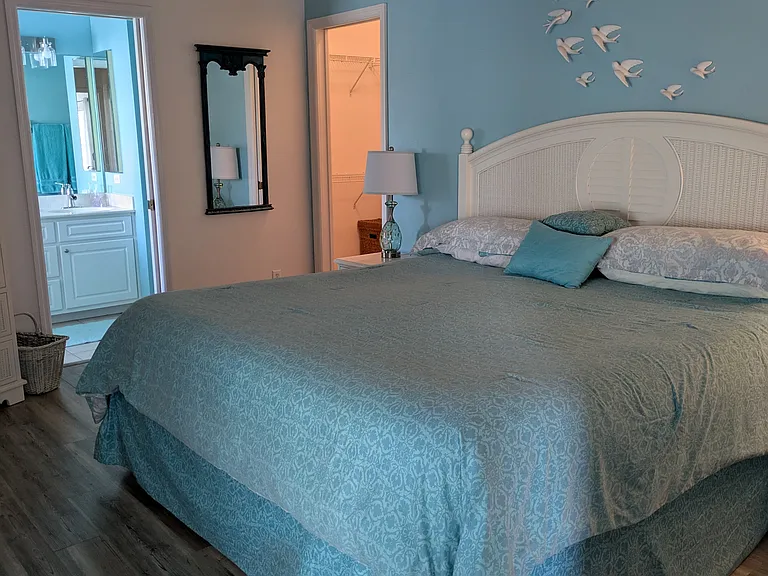 BED: Master - KING bed
Attached bathroom-walk in shower Large walk in closet ( pocket doors)