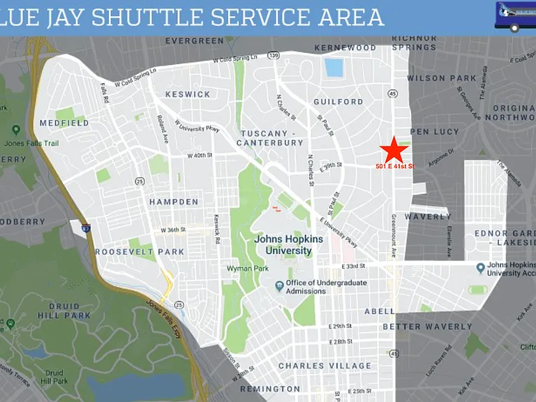 within free door-to-door Blue Jay shuttle area of Johns Hopkins University