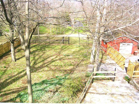 Large fenced backyard with small creek and outside fireplace