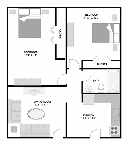 Floor plan 2 Bed 1 Bath Large