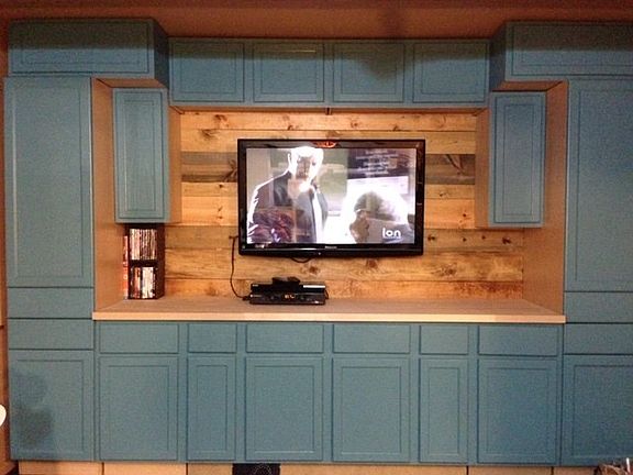 Built-in cabinets along one wall of Family room