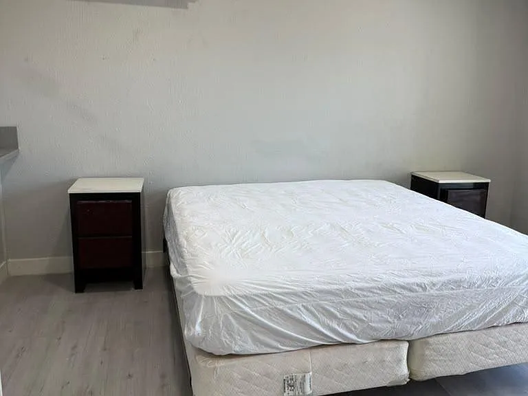Bedroom features a wall-mounted mini-split A/C, wood-look flooring, and space for a full bed with nightstands.