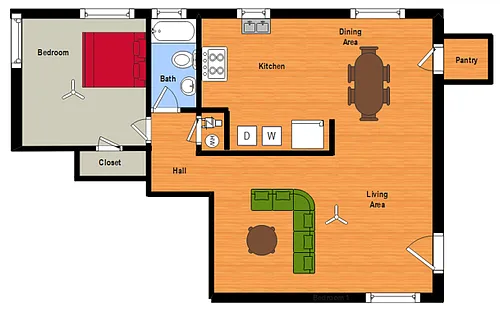 Floor plan 1 Bed, 1 Bath Flat with W/D Hook-Ups