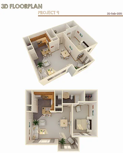 Floor plan 1 Bd 1 Bth w/ Fireplace