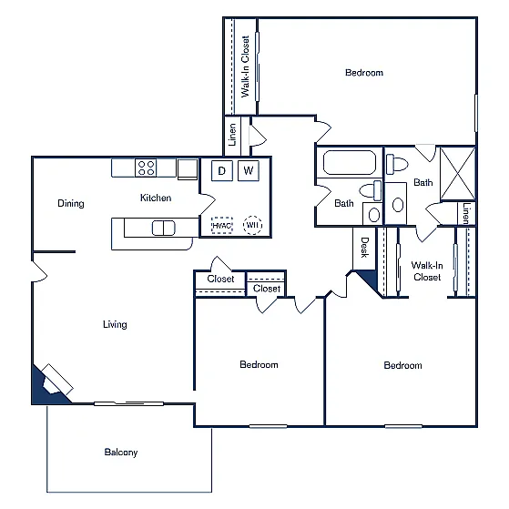 Floor plan 3 Bedroom, 2 Bath (1,321 sqft)