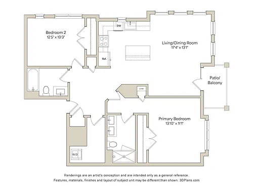 Floor plan B2 - 2BR 2BA (1,042 SF)
