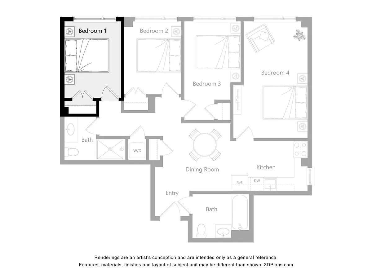 Floor plan Furnished Room in a 4 Bedroom 2 Bathroom (A1)