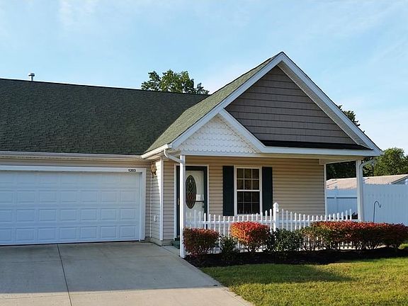 Front view. Common drive with unit next door. Covered front porch with a limited lake view