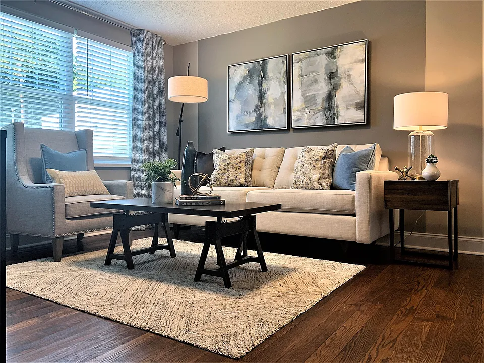 Spacious living room with hardwood-style flooring