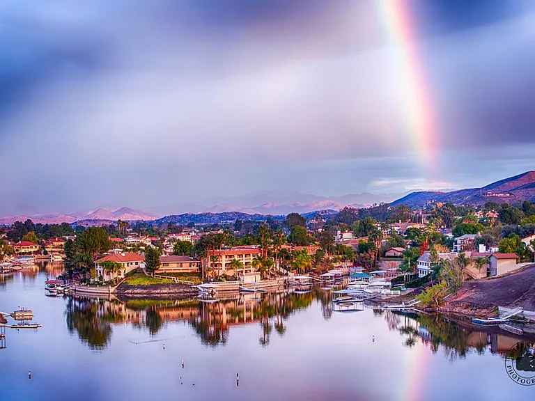 Winter photo of Canyon Lake, mountains and CA sunsets surrou