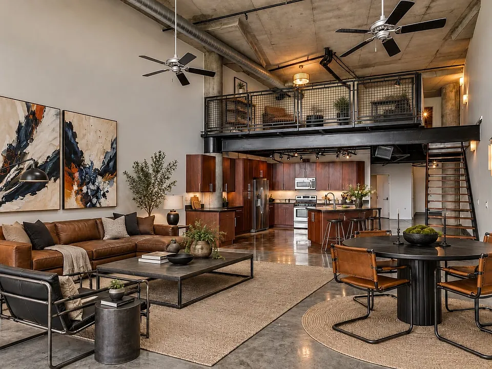 High ceilings with exposed ductwork, polished concrete flooring, a spacious loft area with industrial railings, a full kitchen with dark wood-finish cabinetry, and a built-in kitchen island