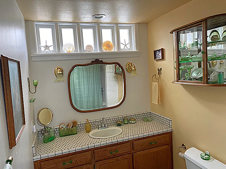 Master Bath Oak Vanity Mirror w/Hair Dryer, 2 Yellow DG Sconces & Green DG decor