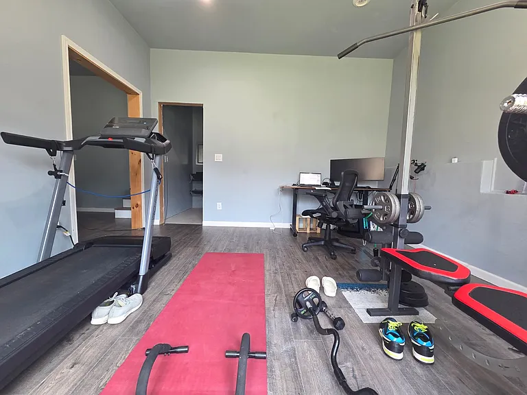 Work out room in basement, with powder room, Vanity and toilet