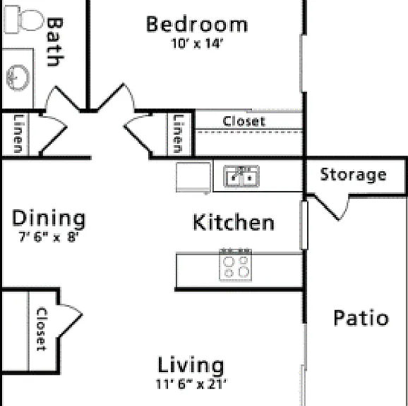 1 Bed 1 Bath Floorplan Diagram