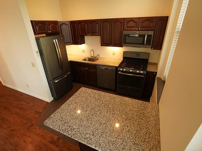 Kitchen appliances and island.