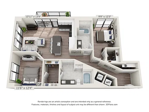 Floor plan Two Bedroom Two Bath (1,211 SF)