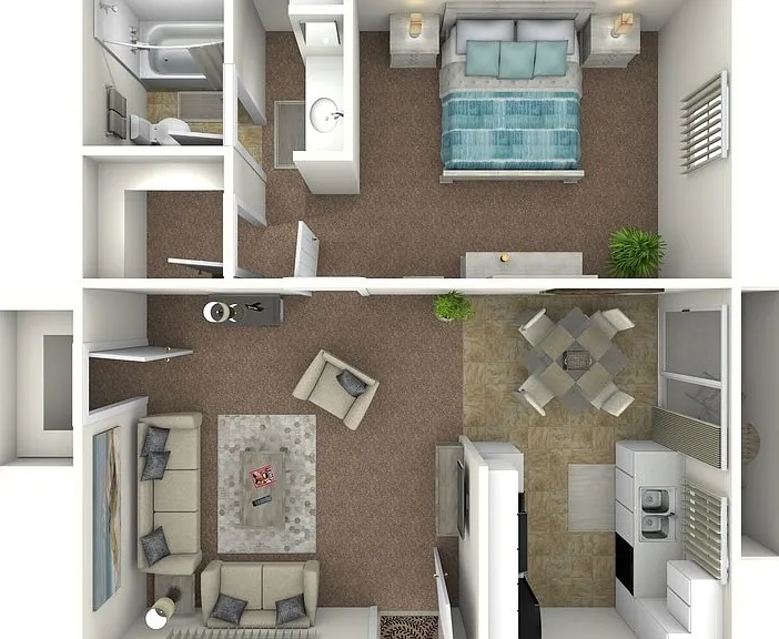 1 Bed 1 Bath Down Floorplan Diagram