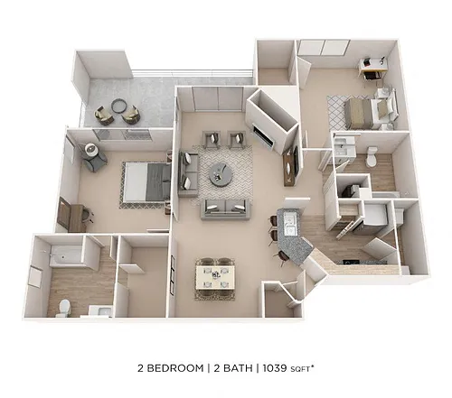Floor plan Two Bedroom 2 Bath - 1,039 sqft