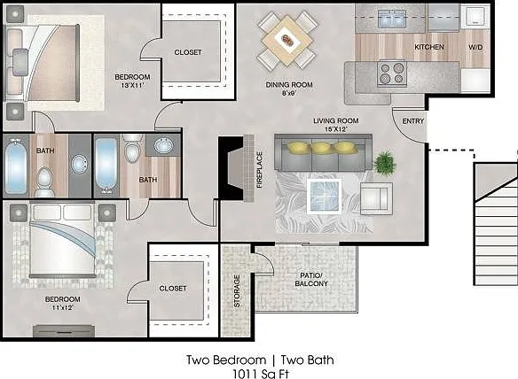 Two Bedrooms, Two Bathrooms, 1011 sqft, Patio/Balcony, Full-Size Washer/Dryer Connections, Fireplace, Two Walk-in Closets Two Bedrooms, Two Bathrooms, 1011 sqft, Patio/Balcony, Full-Size Washer/Dryer Connections, Fireplace, Two Walk-in Closets