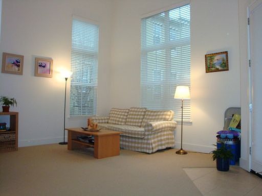 Volume Ceiling Living Room with View of Hills