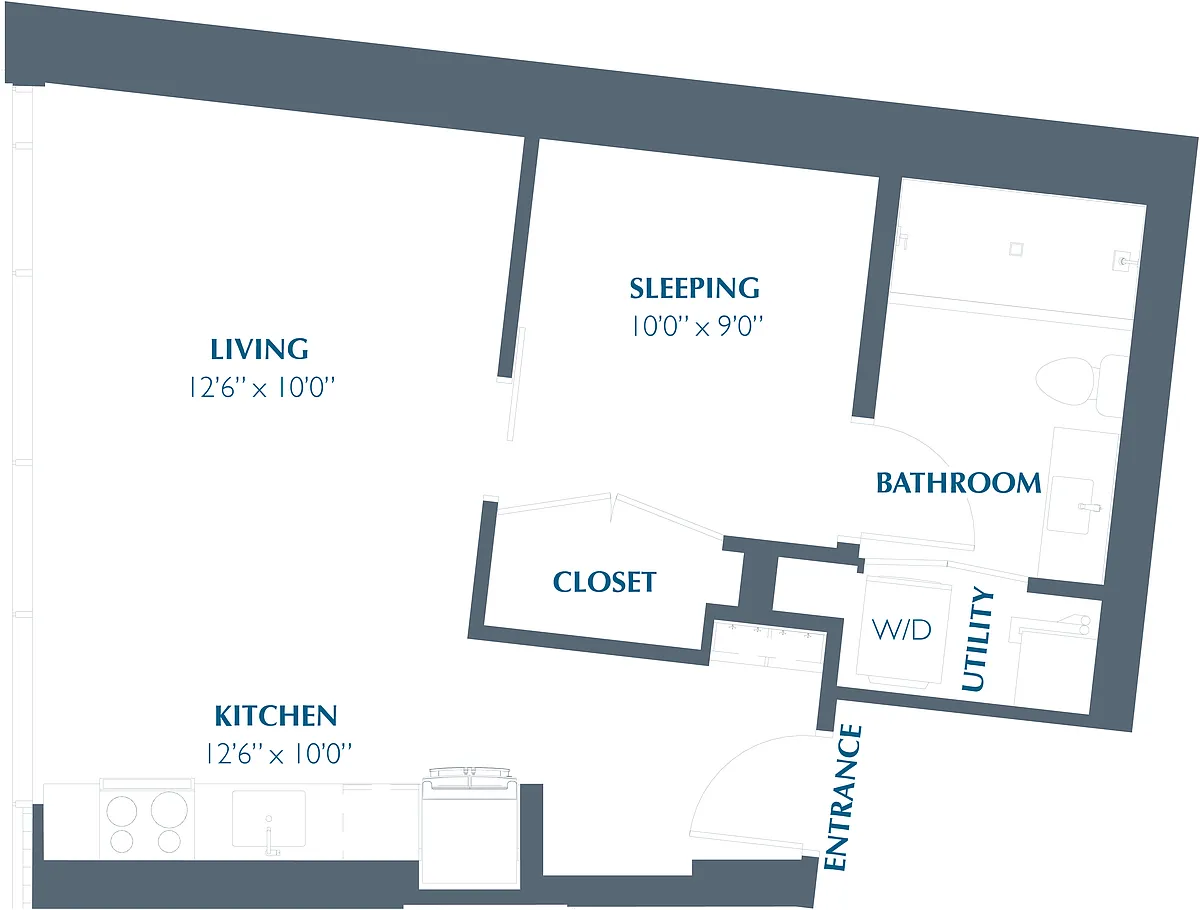 Floor plan Studio 1BA (565 SF)
