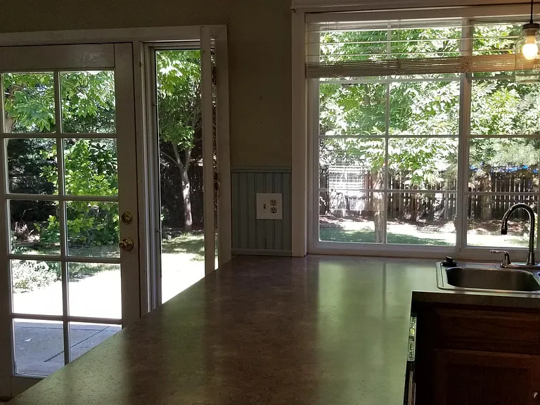 Kitchen and dining view looking into back yard. Door to back yard with patio.