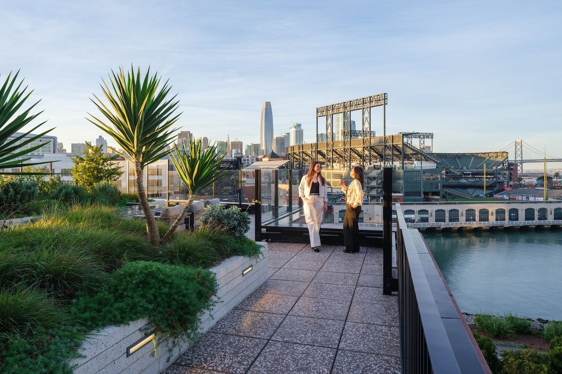 Waterfront walking and biking trails at Mission Rock in San Francisco, CA.