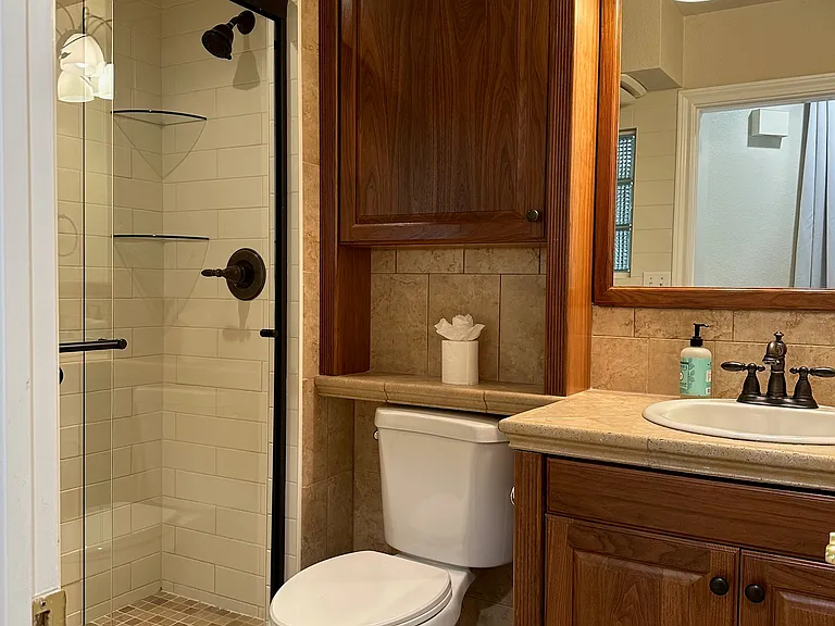 3/4 bathroom with large shower stall. Ceramic plank tile floor.