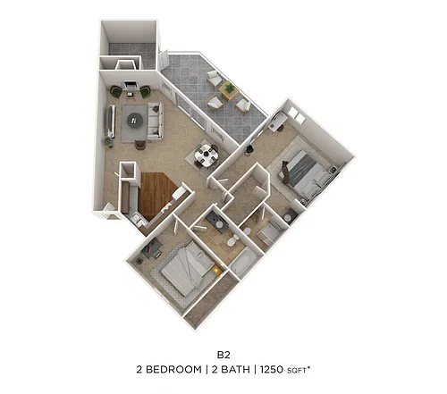 Floor plan Two Bedroom 2 Bath- 1250 sqft