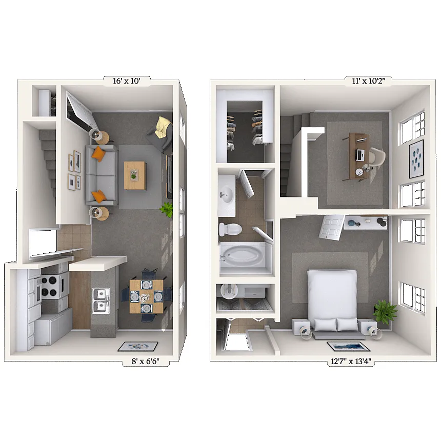 Floor plan Dual Level 1x1 818 SF